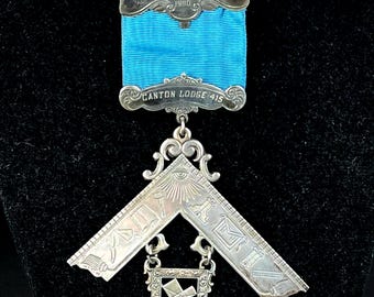 Masonic Lodge Sterling Silver Medal on Ribbon in Leather Case