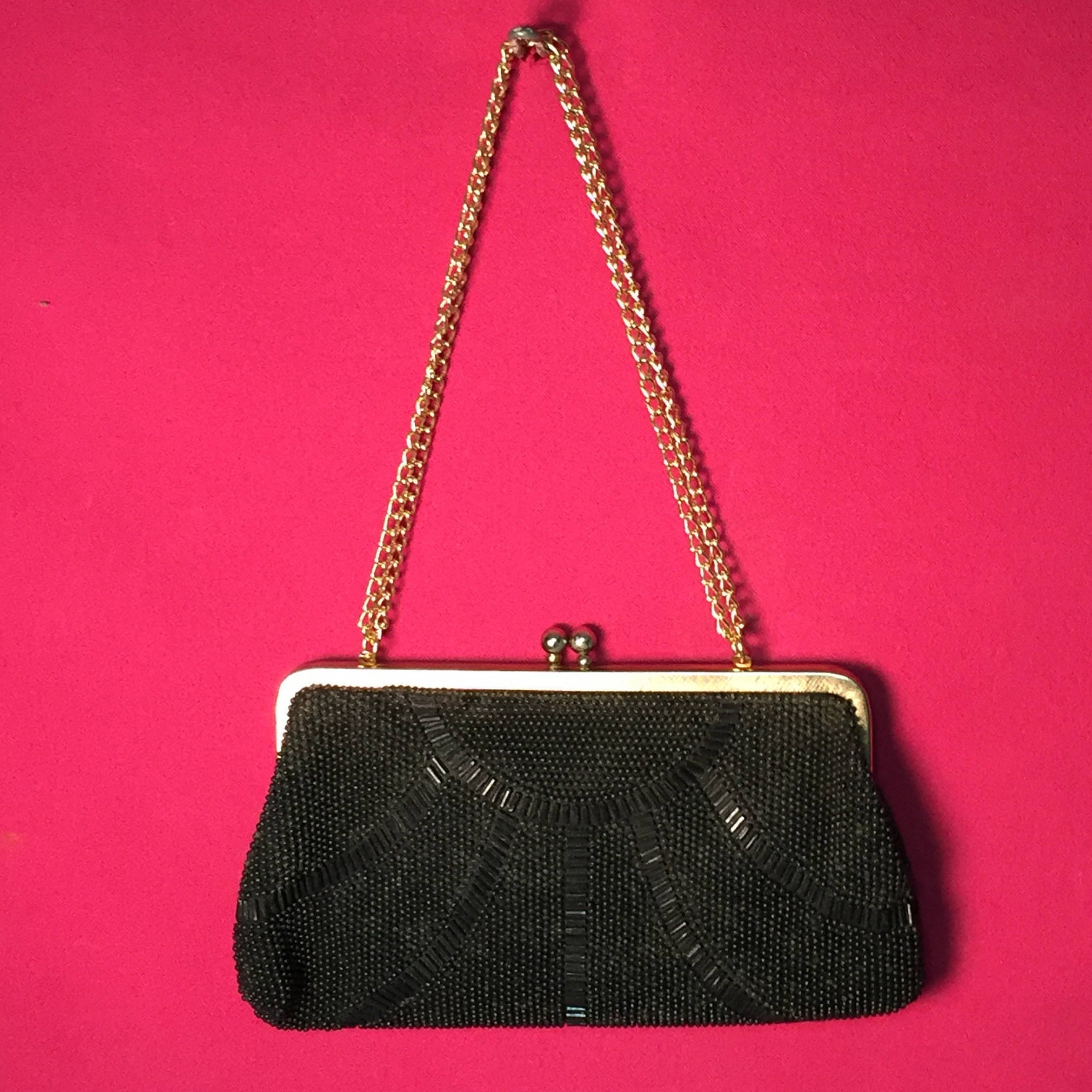 Black Beaded Clutch, Evening Bag with Hideaway Chain Strap