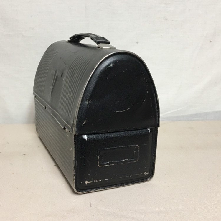 Thermos Metal Lunch Box, Domed Top, Black, some rust 1950s/1960s