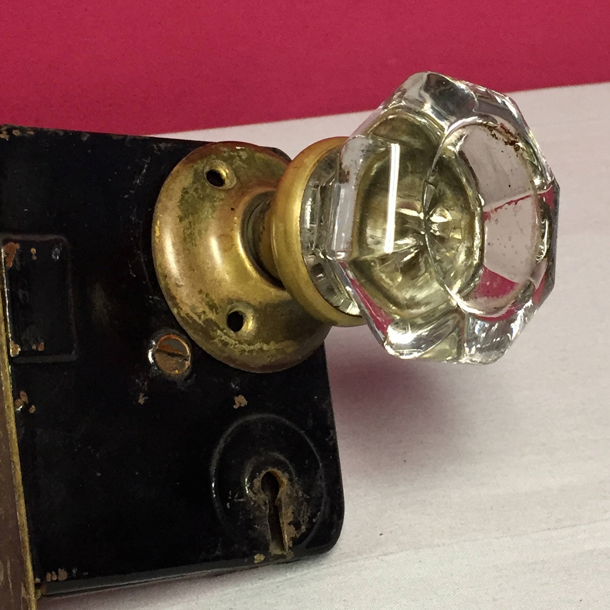 Antique Glass Door Knob Latch Lock Set, Brass Mortise Lock, Skeleton