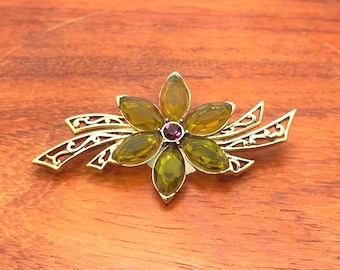 Monet Gold Tone and Green Rhinestone Floral Brooch