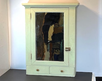 1920年代のアンティーク木製グリーンバスルーム薬棚（鏡付き）