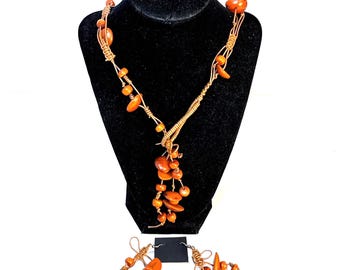 Tagua Bead Necklace on Braided Cord with Matching Earrings, Handcrafted Organic Set