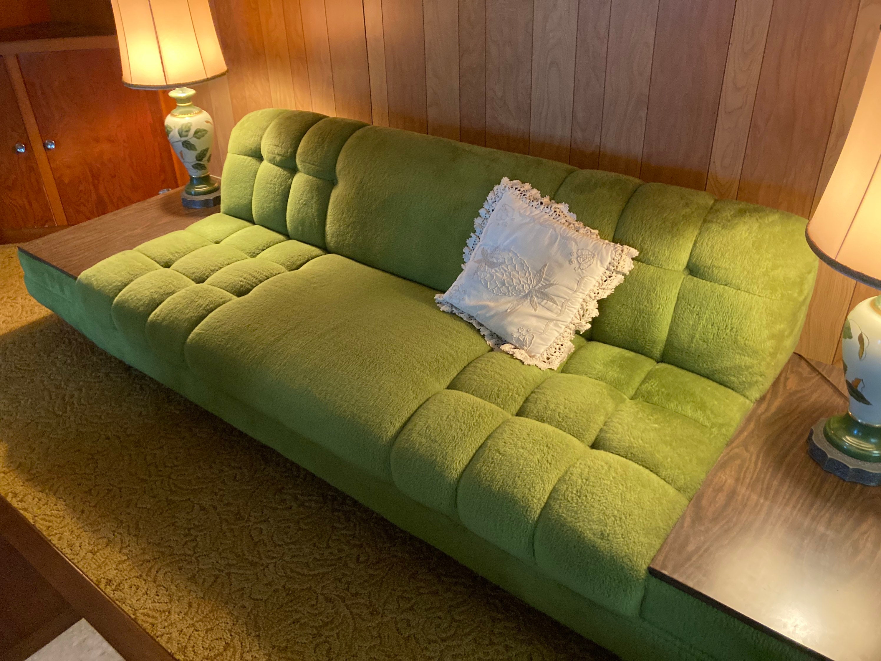 RESERVED For Lee 1960's Funky Green Faux Fur Couch & Chair, Adrian