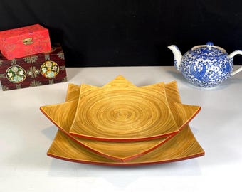 Set of Three (3), Square, Bamboo, Winged Edge Plates, Lacquered