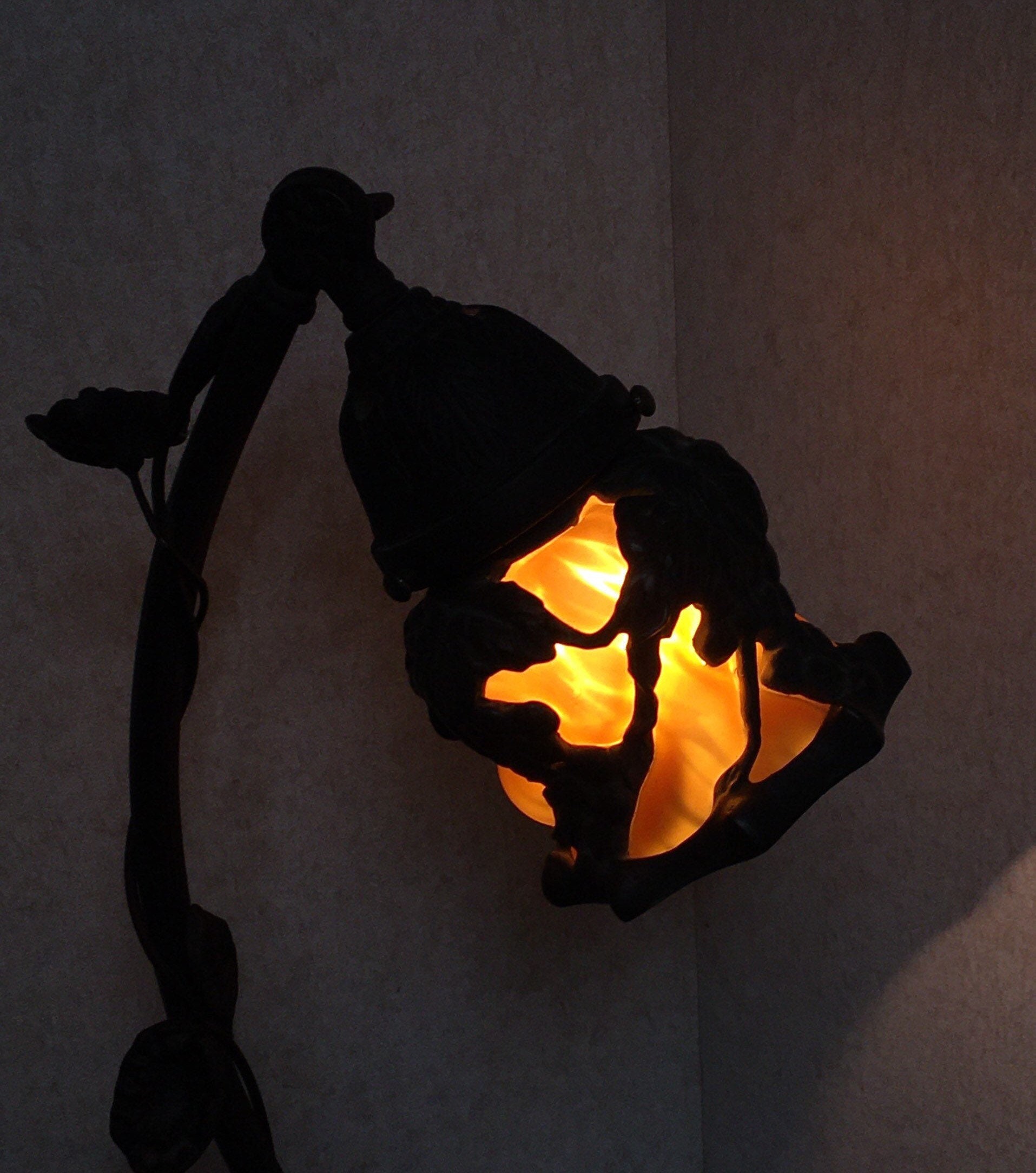 Gothic Cast Iron Gooseneck Desk Lamp with Amber Glass Globe