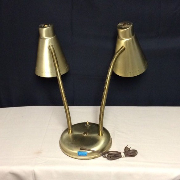 MidCentury, Gold Tone Double Gooseneck Desk Lamp, Atomic Gooseneck