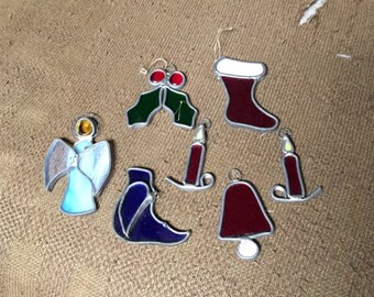 Set of 7 Stained Leaded Glass Suncatcher Christmas Tree Ornaments Cobalt Blue, Sky Blue, Red, Green Sun-catcher Stained GlassTree Ornaments