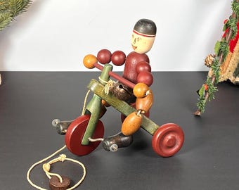 Louis Nichole Wood Bead Boy on Tricycle, Pull Toy, 1983
