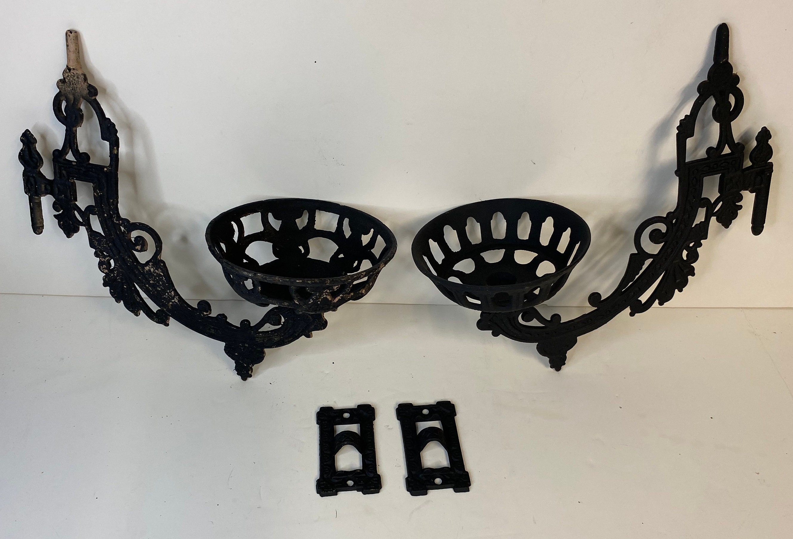 Two (2) Vintage Black Cast Iron Oil Lamp Wall Brackets, Sconce Brackets