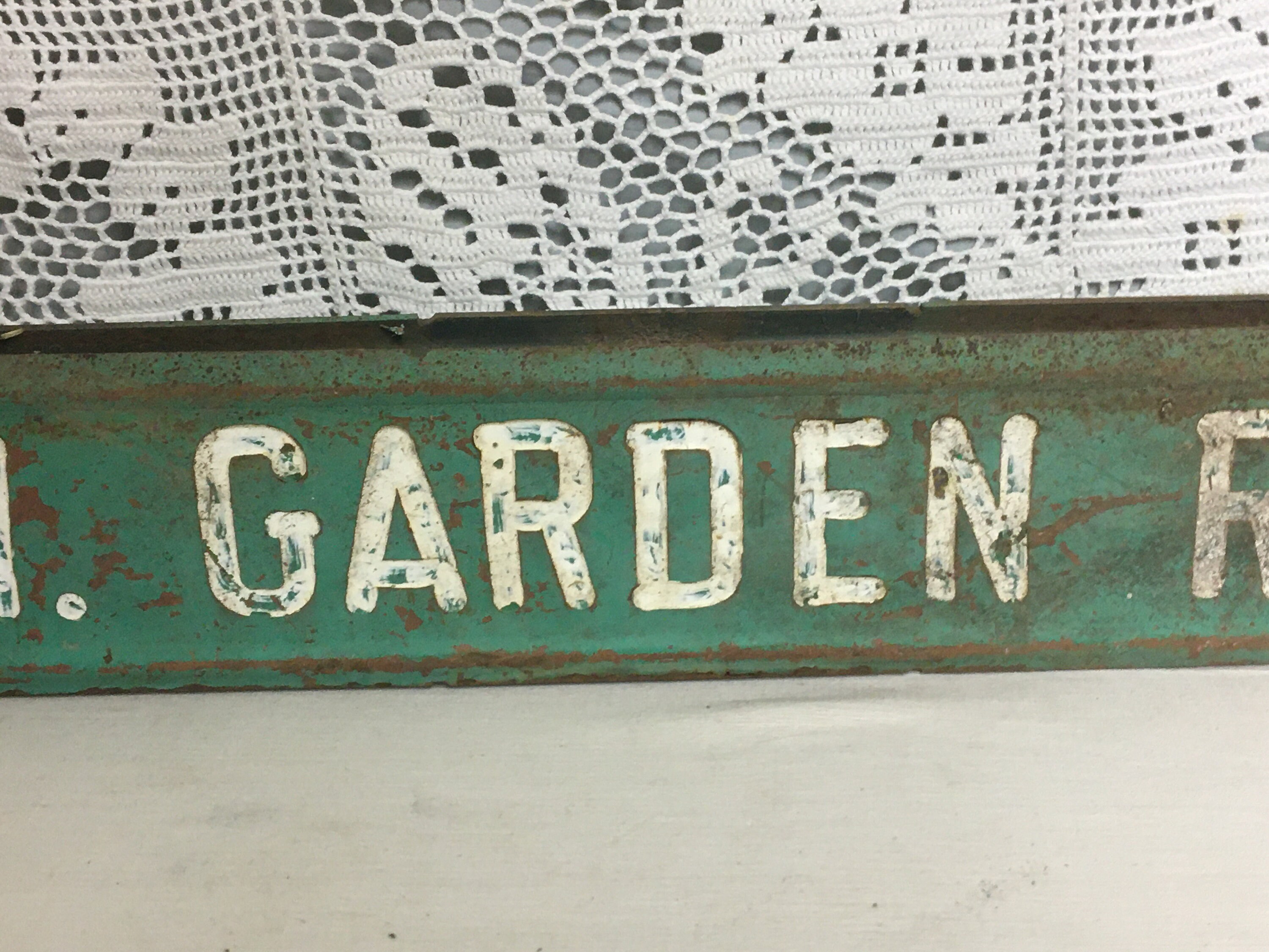 1950's Embossed 2 Sided Steel Street Sign W. GARDEN RD. Green & White
