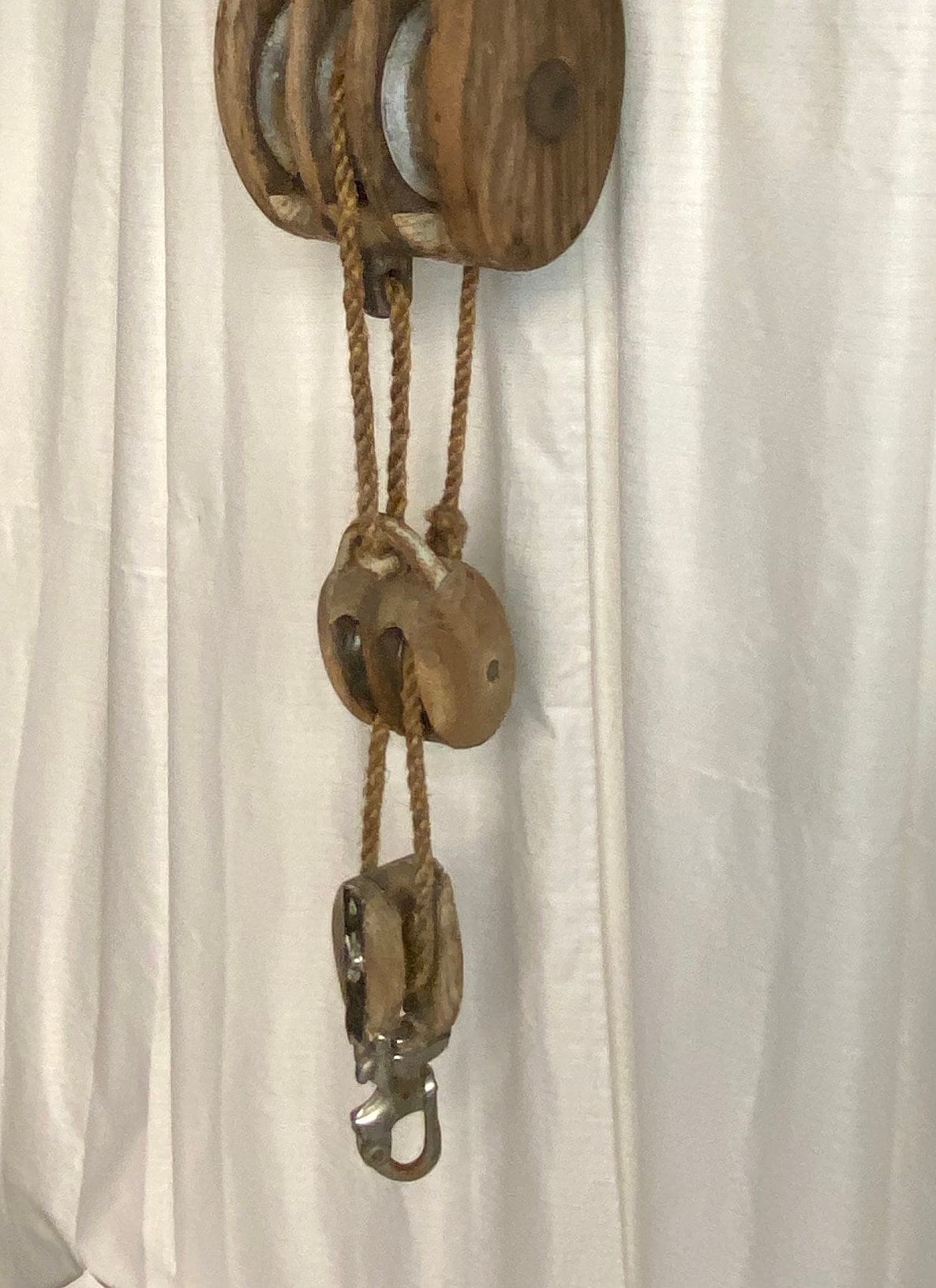 Vintage Wooden Triple Pulley with 2 Small Pulleys and Rope, Block and Tackle, Nautical Salvage