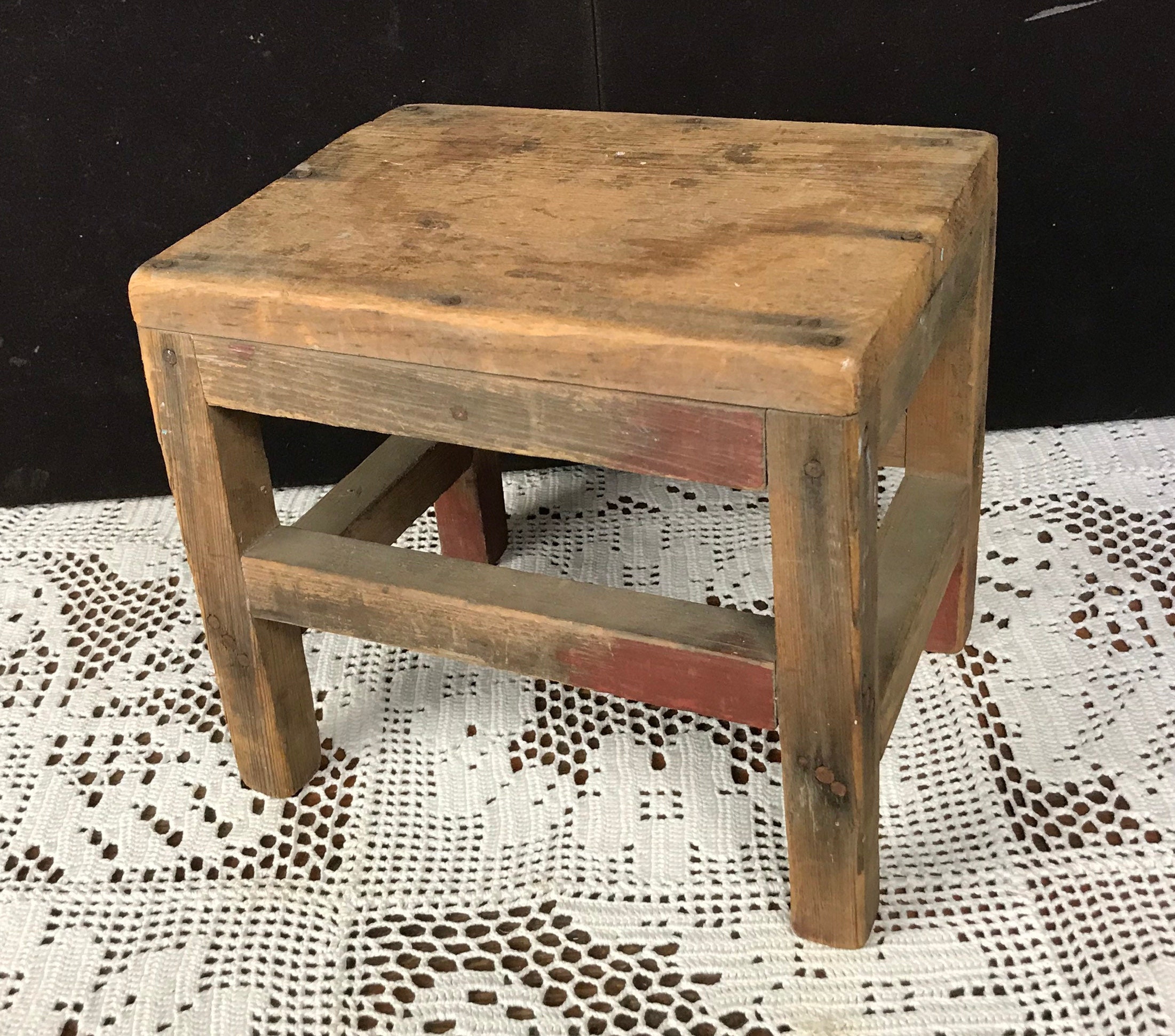 Antique Handmade Wooden Footstool, Small Primitive Wood Step Stool ...