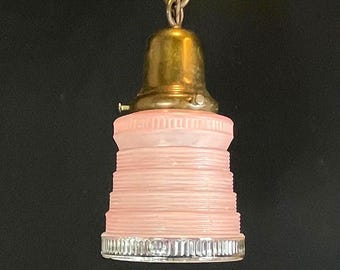 Antique Hanging Brass Pendant Light w/ Pink Glass Shade, NEW WIRING