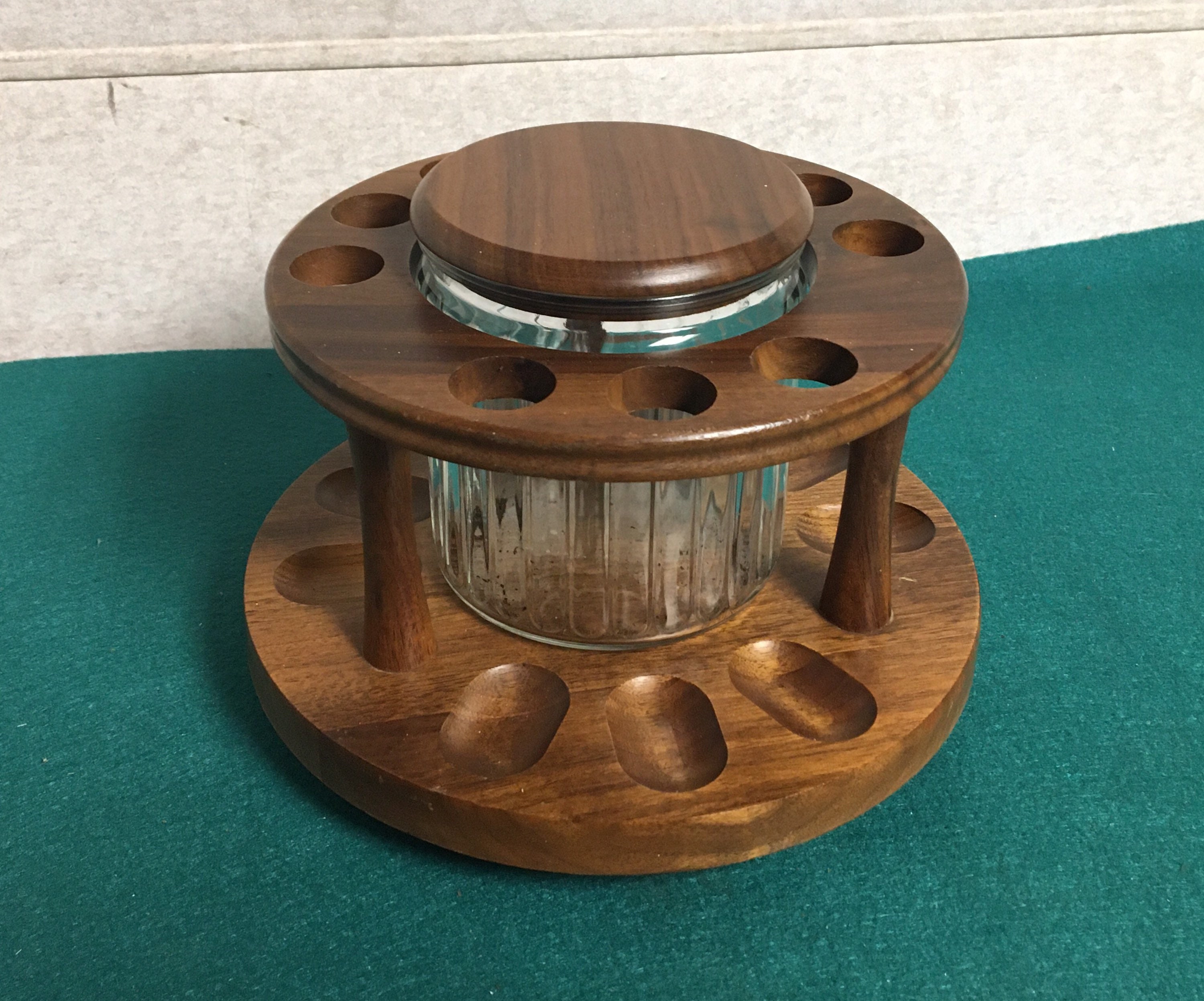 Vintage Aztec Pipe Stand, Solid Wood Revolving Pipe Holder with Glass