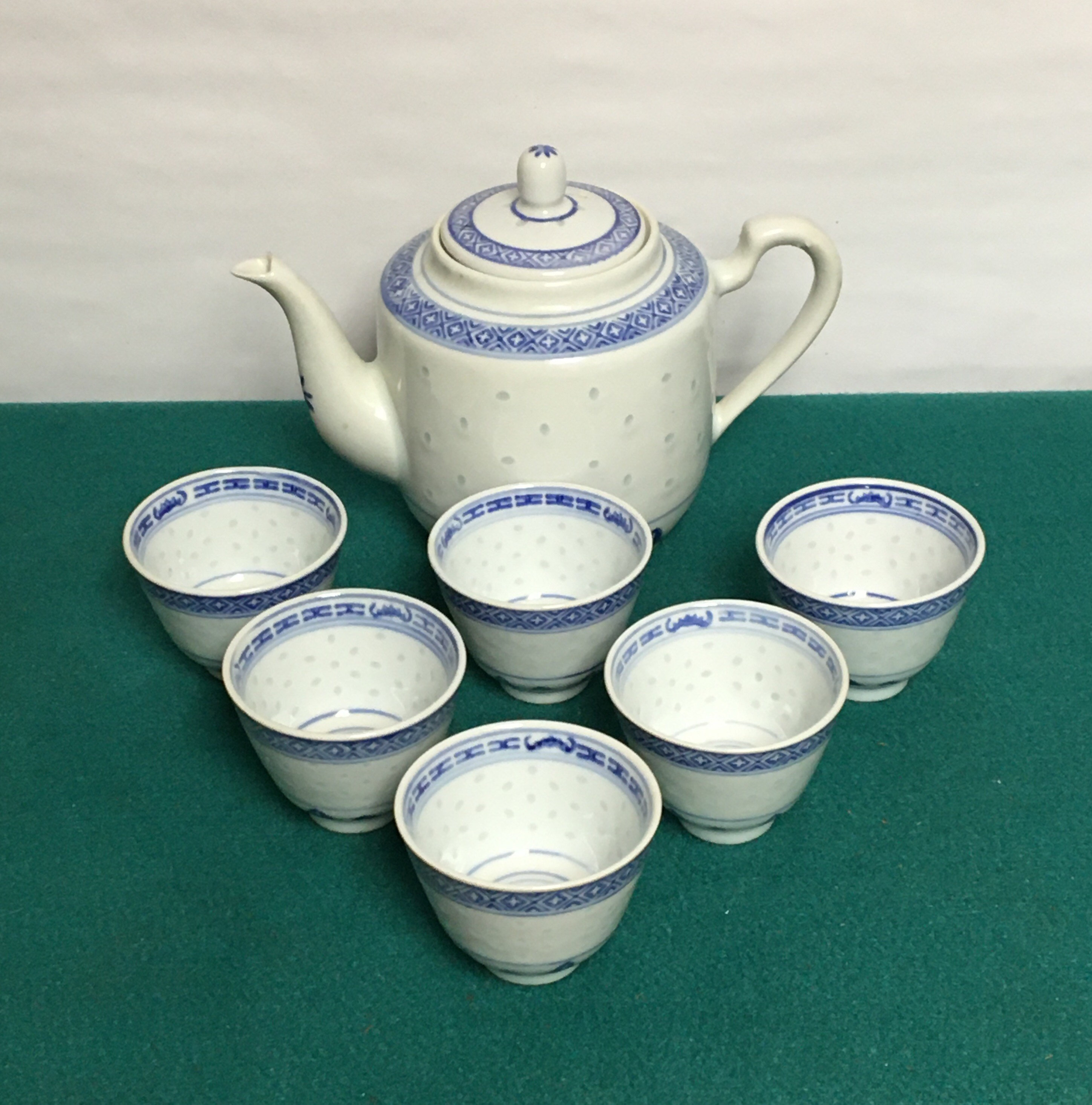 Chinese Rice Grain Porcelain Teapot and Six (6) Cups, JingDeZehn Blue