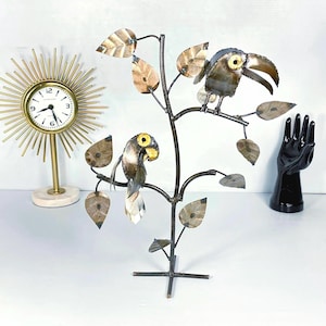 Mid Century, Brutalist, Torch Cut Metal Parrot and Toucan In a Tree, Modernist Sculpture