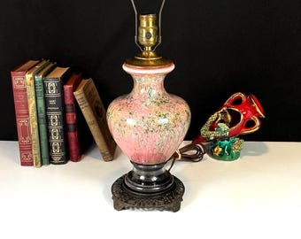 Funky Mid Century Art Glass Reverse Spatter Painted Table Lamp, Pink Green White Paint Spatter