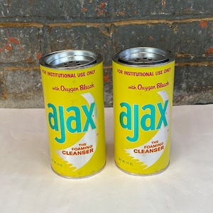 2 vintage AJAX-schoonmaakblikken met deksel, leeg, ongebruikt New Old Stock