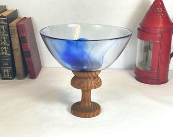 Bormioli Rocco Blue Swirl, Textured Glass 9" Centerpiece Bowl, "Murano Blue" and Clear Serving Bowl
