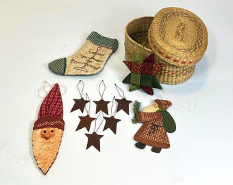 Primitive Holiday Ornaments (Set of 5) in Oval Woven Basket