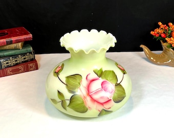 Green Glass Hurricane Lamp Shade: Hand Painted Pink Floral