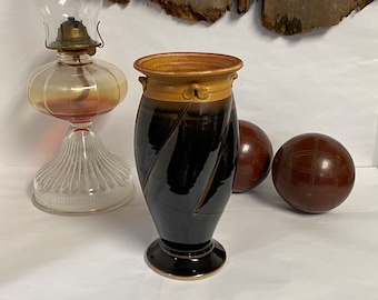 Royce Yoder Stoneware Pottery Vase, Dark Brown Swirl Design