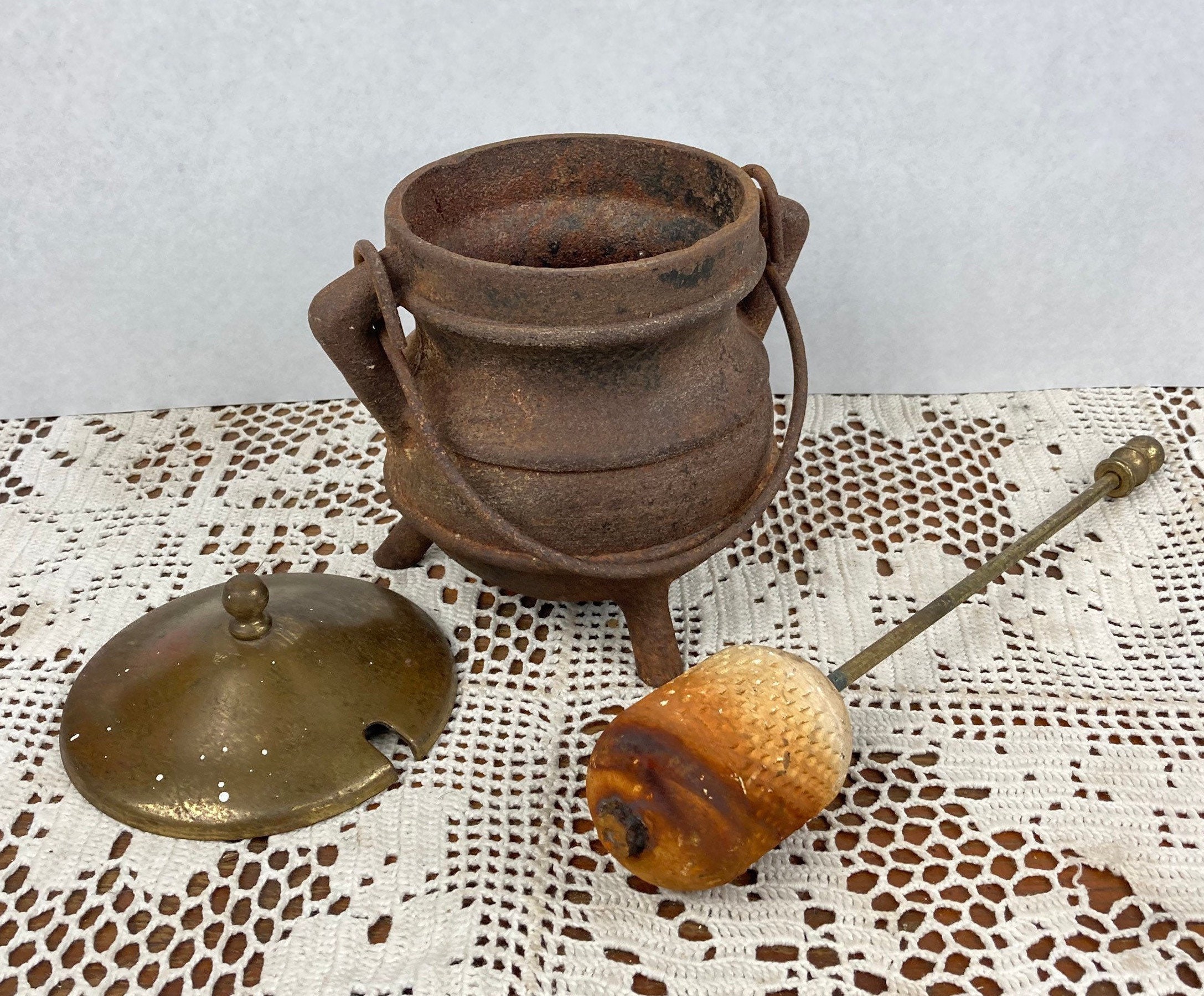 Antique Cast Iron Fire Starter Pot, Smudge Pot, Cauldron, Pumice Wand