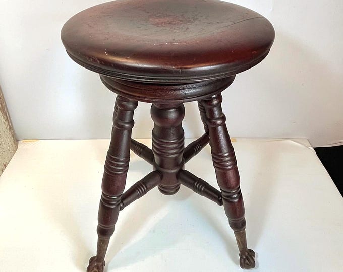 Featured listing image: 1920's Merriam Co. Antique Adjustable Piano Stool: Iron Claw and Ball Feet, Victorian