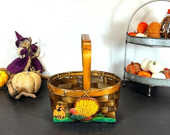 Autumn Themed Woven Bamboo Basket with Handle, Hand Painted Turkey and Pumpkin