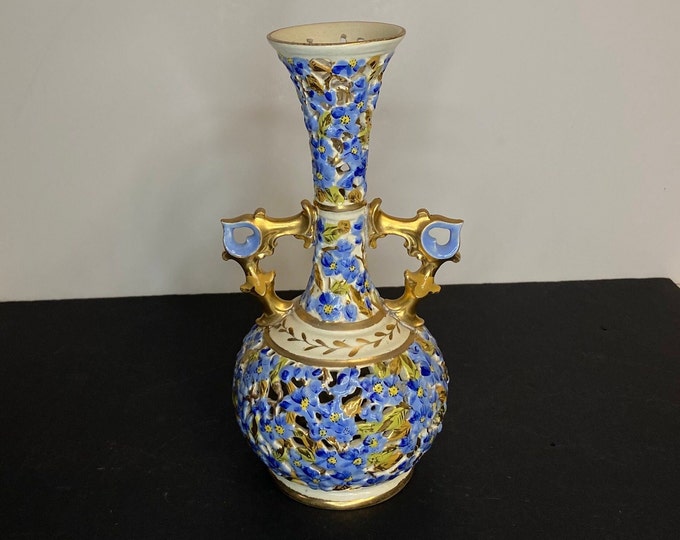 Featured listing image: Fischer J. 10-1/2" Blue Yellow Floral Vase, Reticulated, Circa Late 19th Century Budapest Hungary