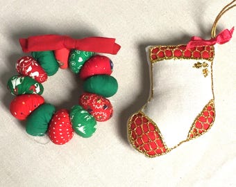 Handmade Fabric Ornaments, Christmas Wreath and Stocking, Holiday Decoration