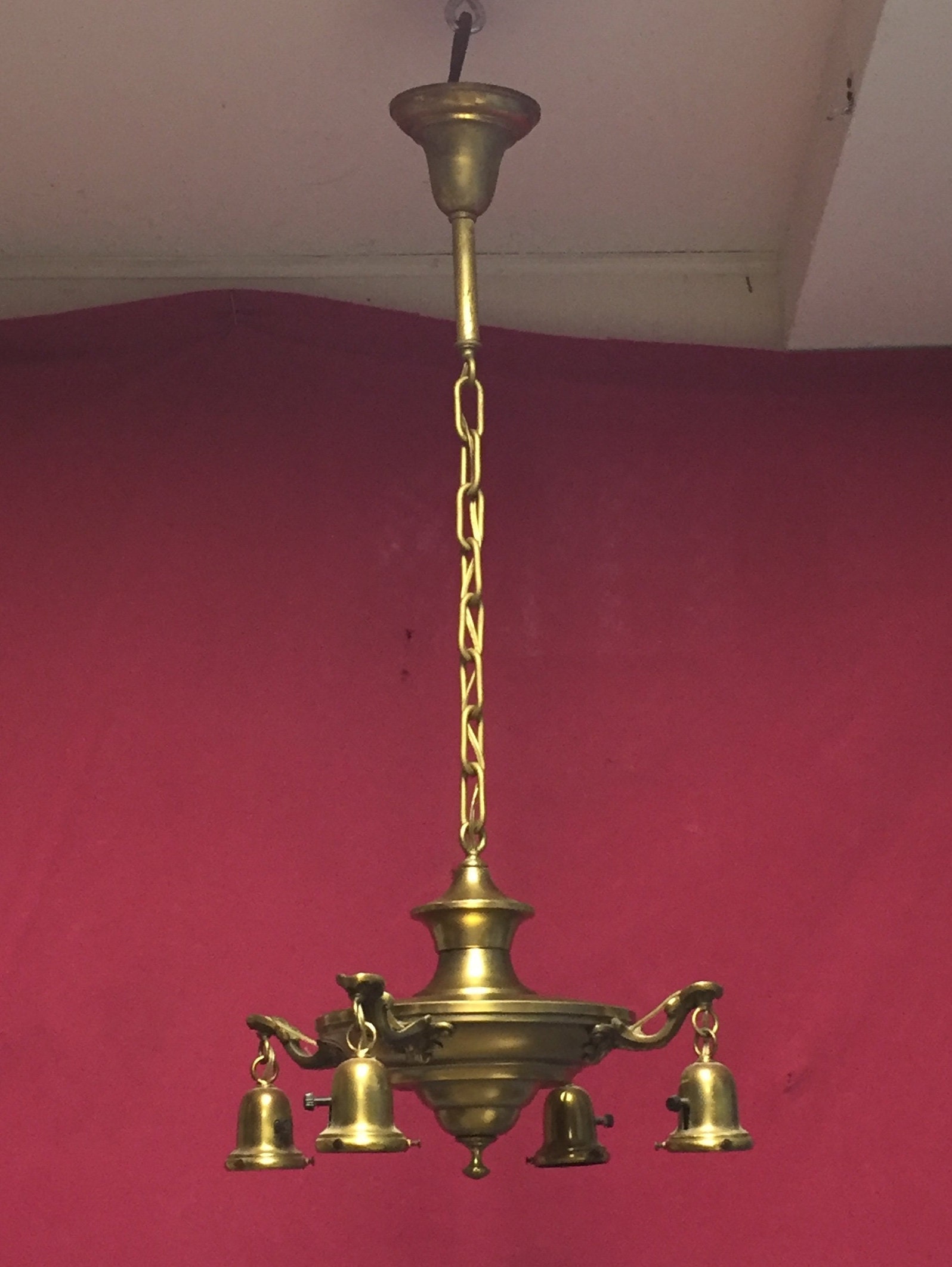 Antique 1920's 4 Arm Brass PAN Light Chandelier Ceiling Light Fixture