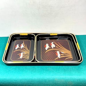 Japanese Floral Lacquerware Serving Trays, Set of 3, Mid Century Black Lacquer