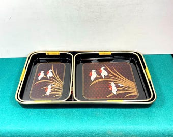Japanese Floral Lacquerware Serving Trays, Set of 3, Mid Century Black Lacquer