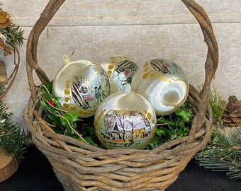 Vintage Currier and Ives Unbreakable Ornaments, Set of Four (4), Spun Satin Wrapped Balls