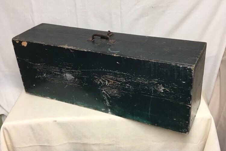 Antique Homemade Green Wooden Carpenter Tool Box with Drawer, Rustic