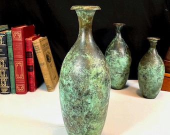 Bronze Blue / Green Verdigris Vase, 12" Metal Vase