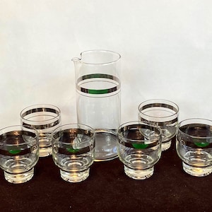 Mid Century Lowball Cocktail Set, Glass Pitcher with Six (6) Glasses, Vintage Barware