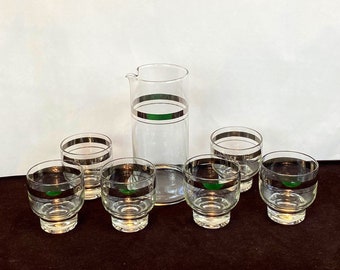 Mid Century Lowball Cocktail Set, Glass Pitcher with Six (6) Glasses, Vintage Barware