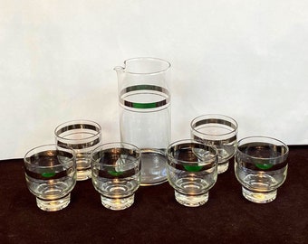 Mid Century Lowball Cocktail Set, Glass Pitcher with Six (6) Glasses, Vintage Barware