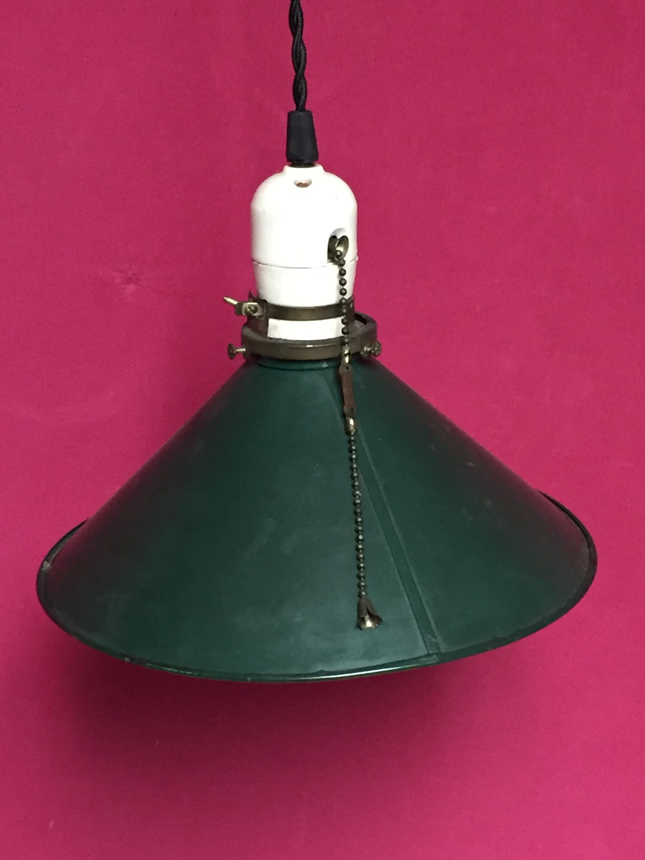 Old Industrial Green Metal Pendant Barn Light Fixture with Porcelain