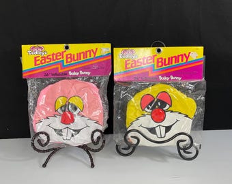 Vintage 1987, Inflatable Dudley's "Bosley Bunny" Easter Bunnies, Pair of 2, Pink and Yellow, 36" Blow Up Bunnies, In Original Package