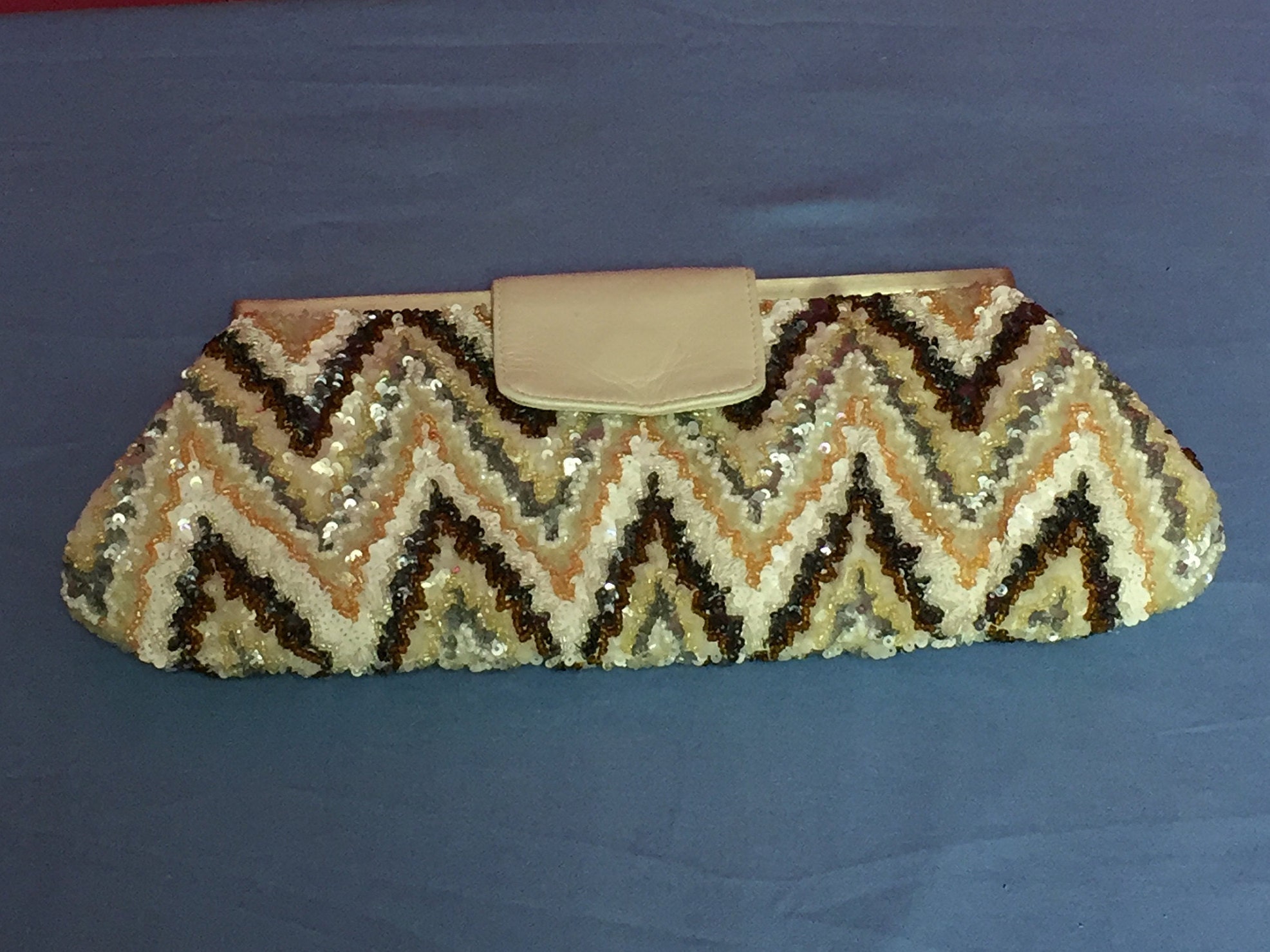 Vintage Santi, Beaded Handbag, Sequin Purse, Clutch Purse, Made in India,  Chevron, Zig Zag Pattern