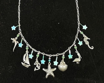 Lucy Isaacs, NYC, Sterling Silver, Sea Charm Necklace with Turquoise Stars