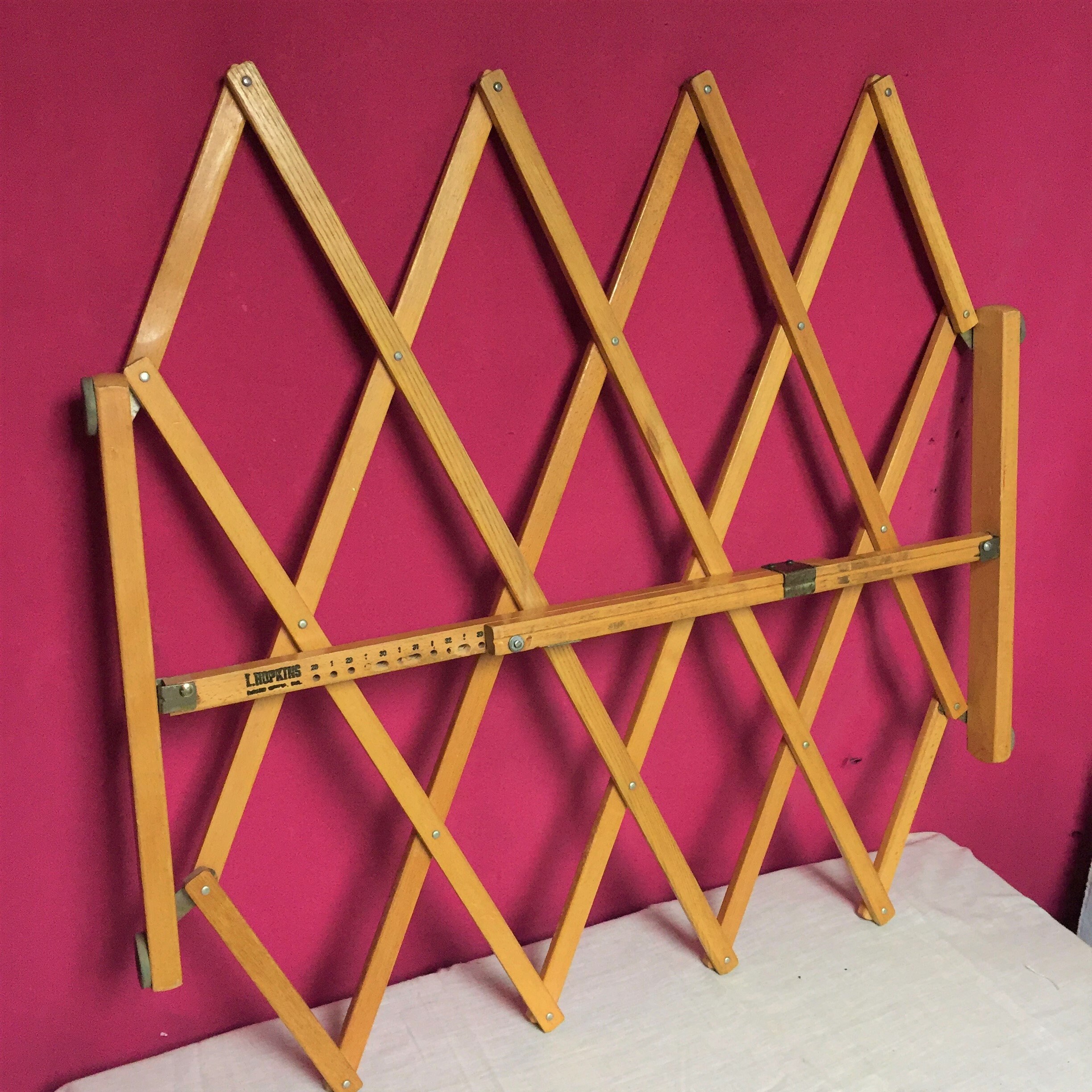Vintage L. HOPKINS Wooden Folding Expanding Gate, Accordion Gate, Old Scissors Gate, Wall