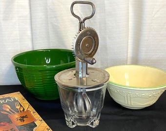 Vintage A & J Egg Beater with Glass Measuring Cup