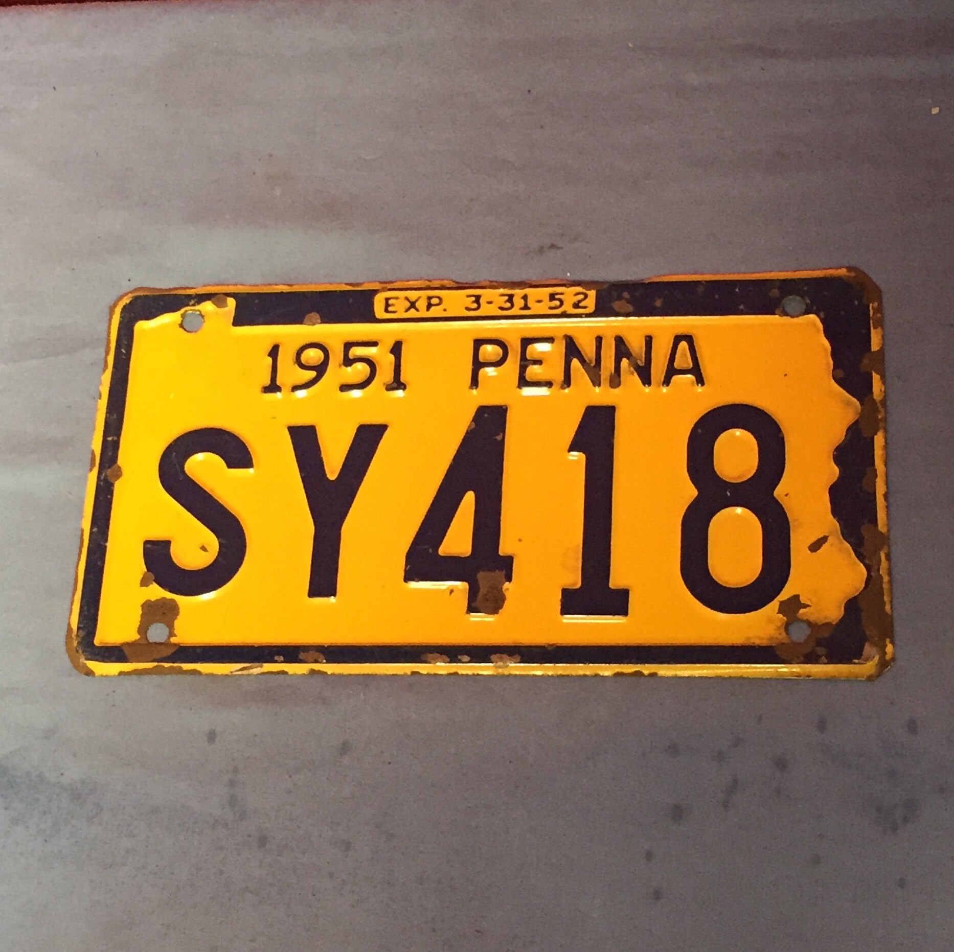 Vintage 1951 Pennsylvania License Plate, Yellow and Blue Pa Car Tag