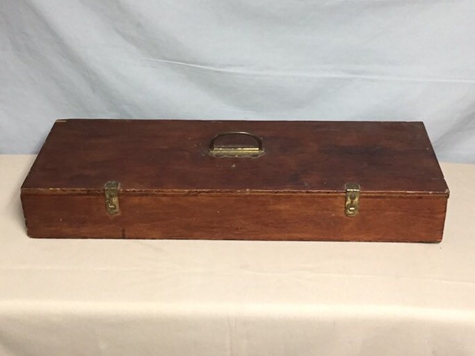 Antique Handmade Wooden Tool Box with Brass Latches and Carrying Handle