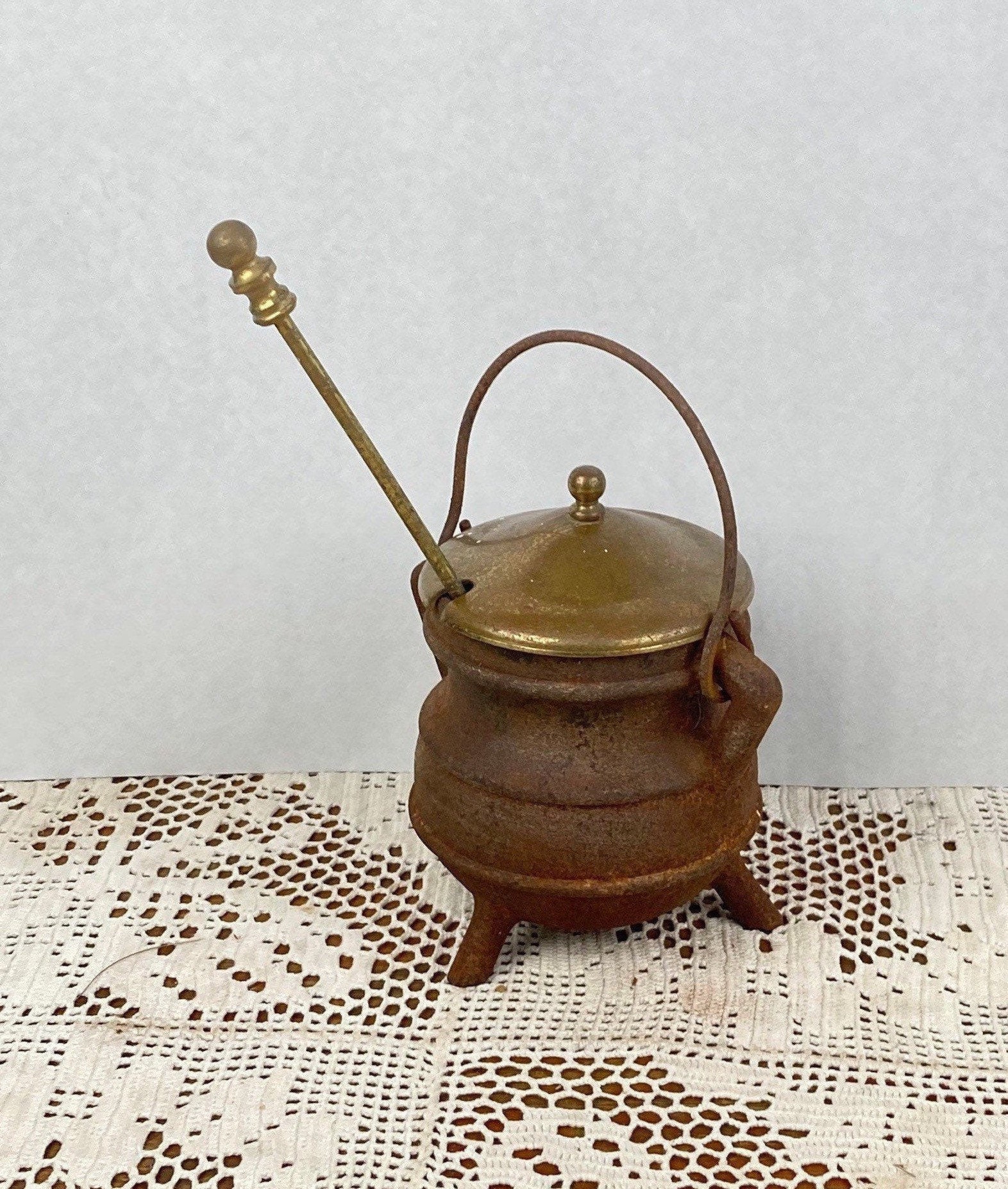 Antique Cast Iron Fire Starter Pot, Smudge Pot, Cauldron, Pumice Wand